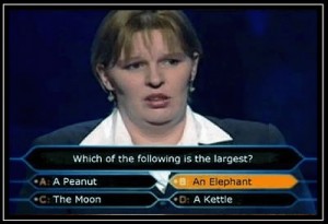 using articles a an the A woman on a TV quiz show is answering questions containing articles a, an and the.